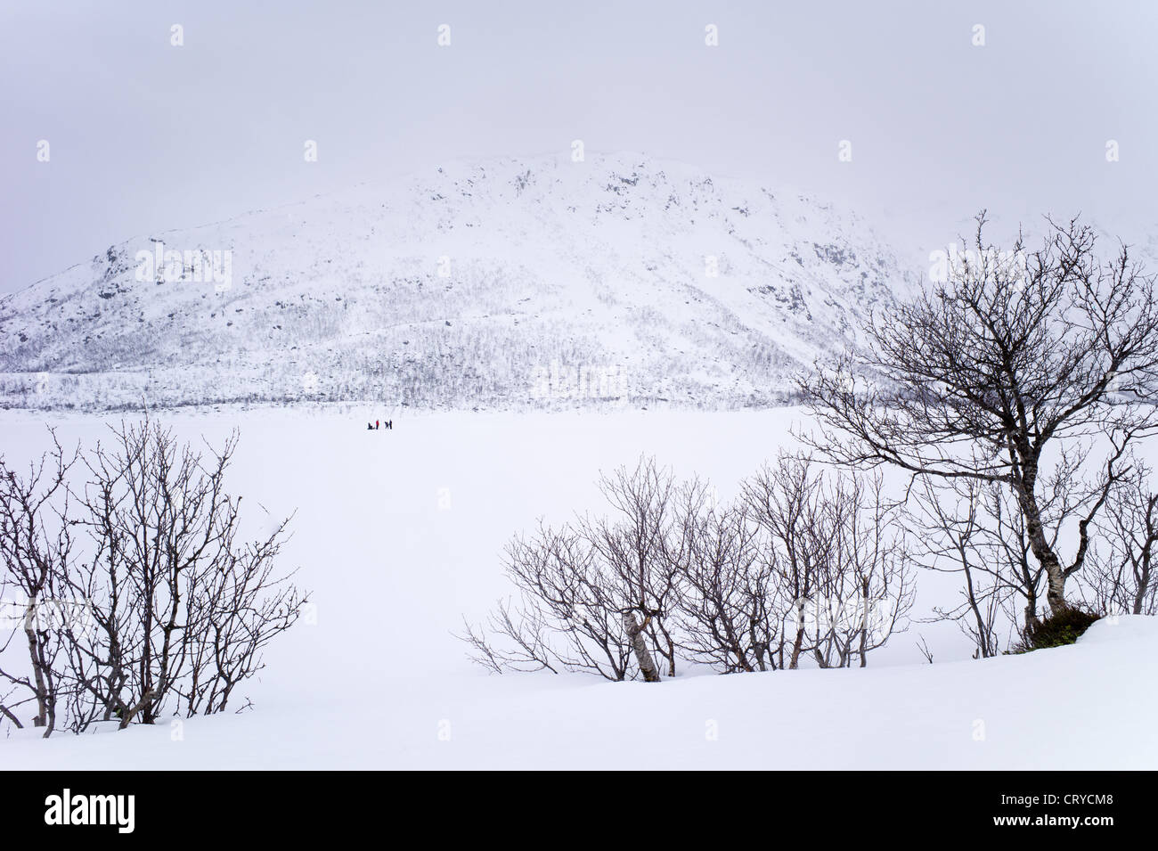 Pesca sul ghiaccio sul lago ghiacciato in arctic alpi del Circolo Polare Artico sull isola di Ringvassoya nella regione di Tromso, Norvegia settentrionale Foto Stock