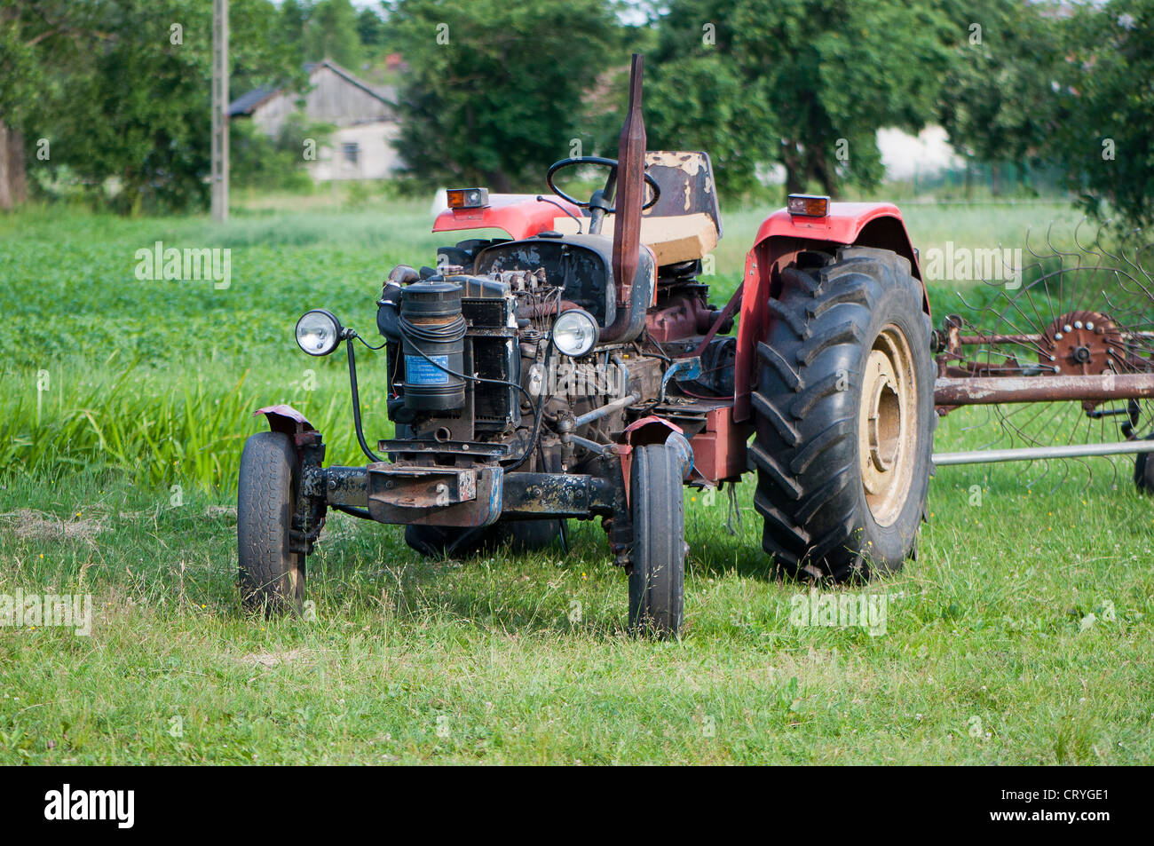 Vecchio trattore su erba verde Foto Stock
