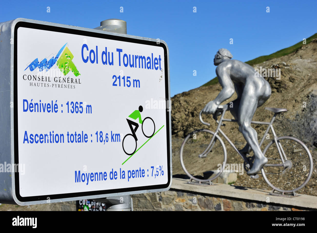 Tour de France la scultura e segno raccontare angolo di inclinazione per i ciclisti in bicicletta il Col du Tourmalet, Pirenei, Francia Foto Stock