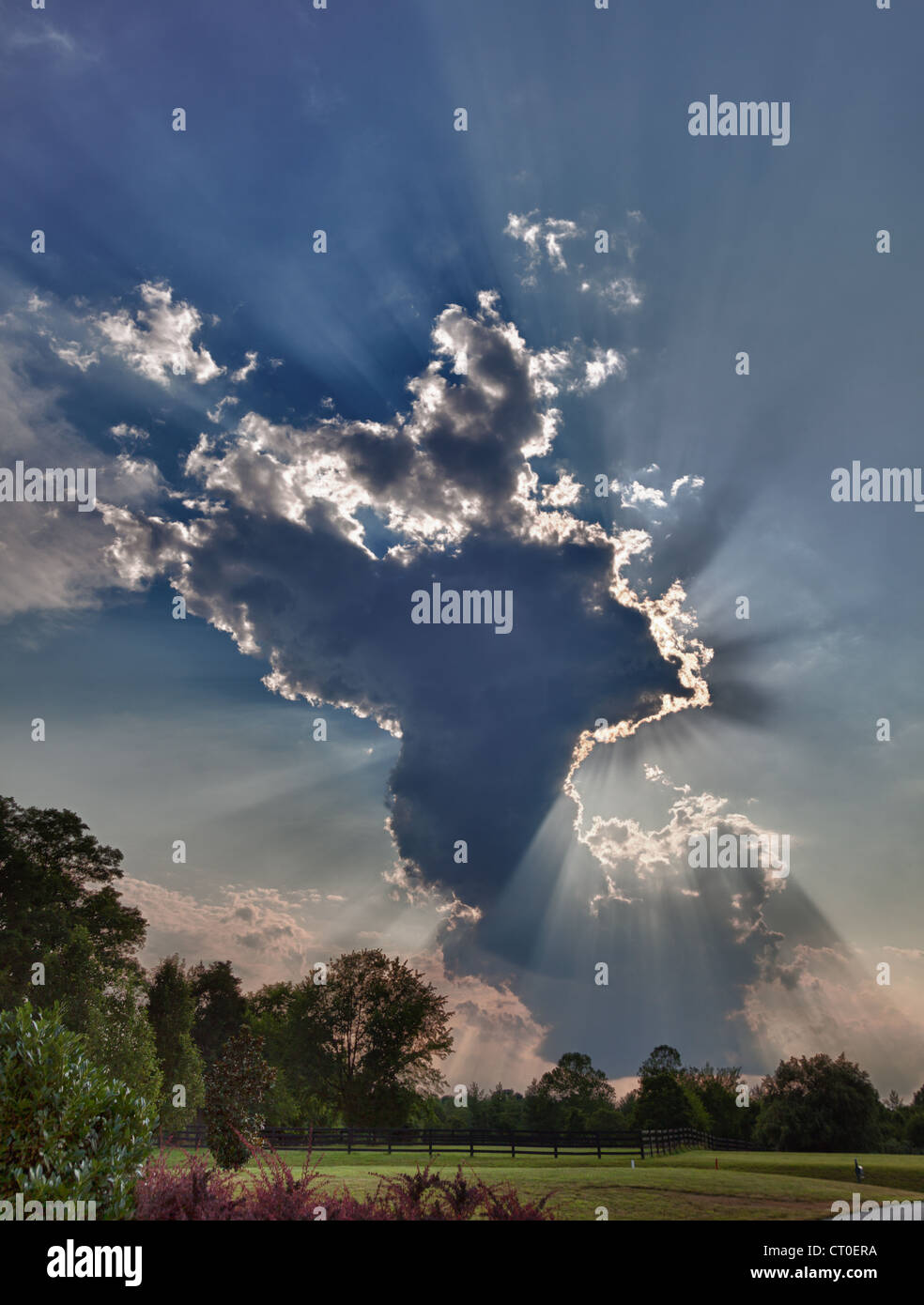 HDR shot di un alto a forma di incudine cloud su prati con raggi solari Foto Stock