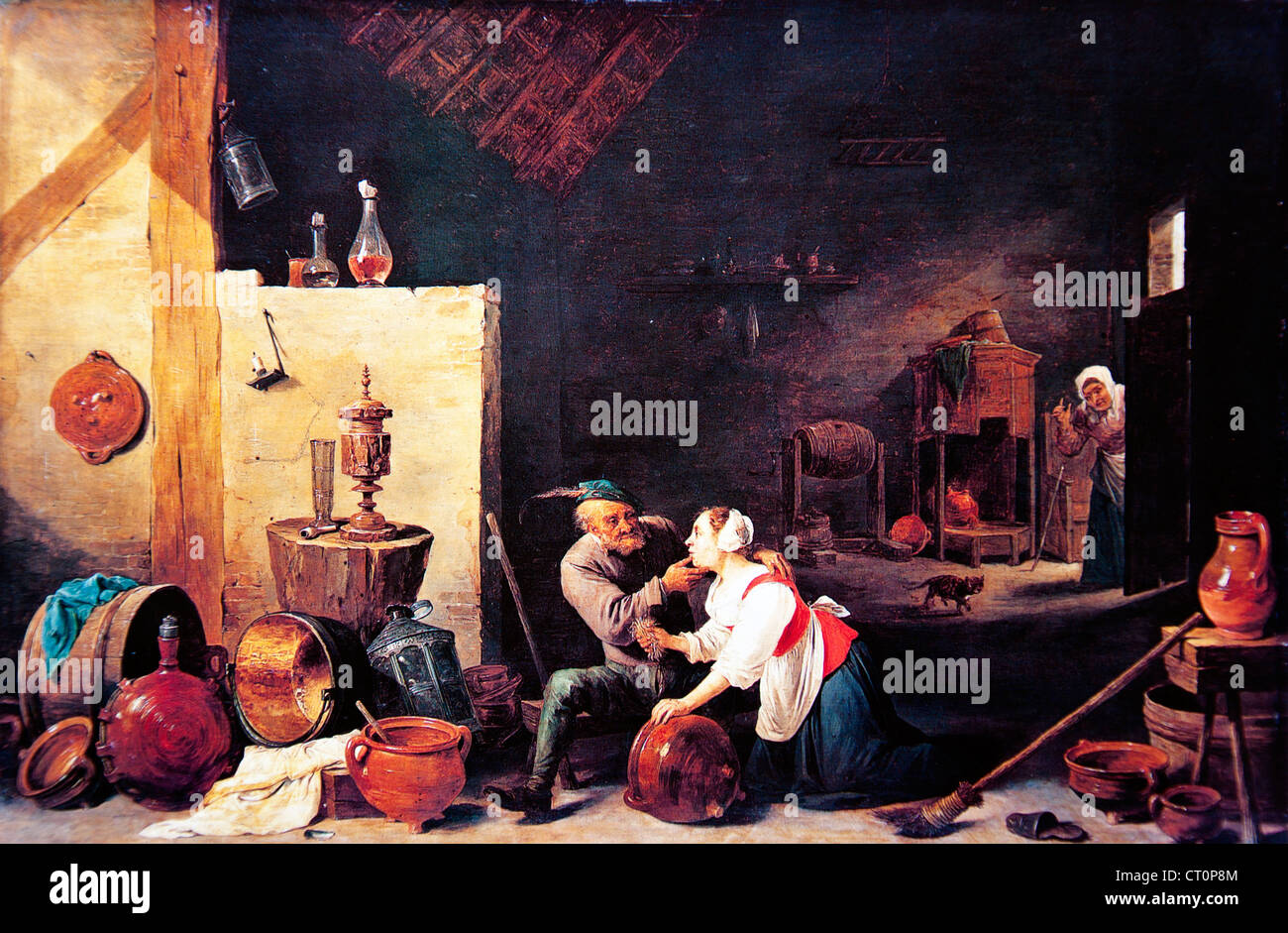 David Teniers - Un vecchio contadino accarezza una cucina cameriera in un stabile (1650) Foto Stock