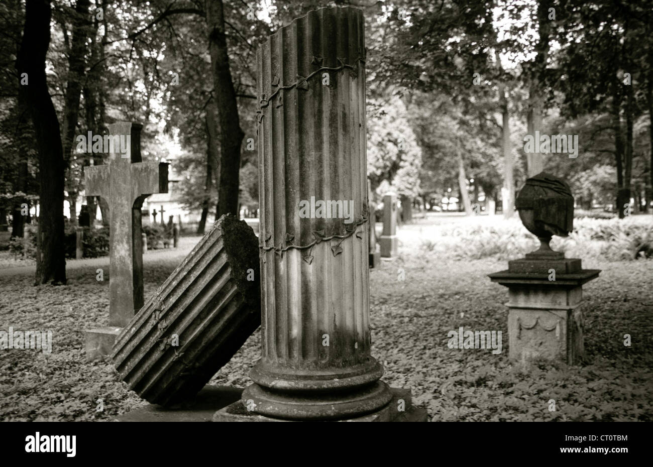 Steinsaeule rotto in corrispondenza della riga del cimitero di foresta Foto Stock