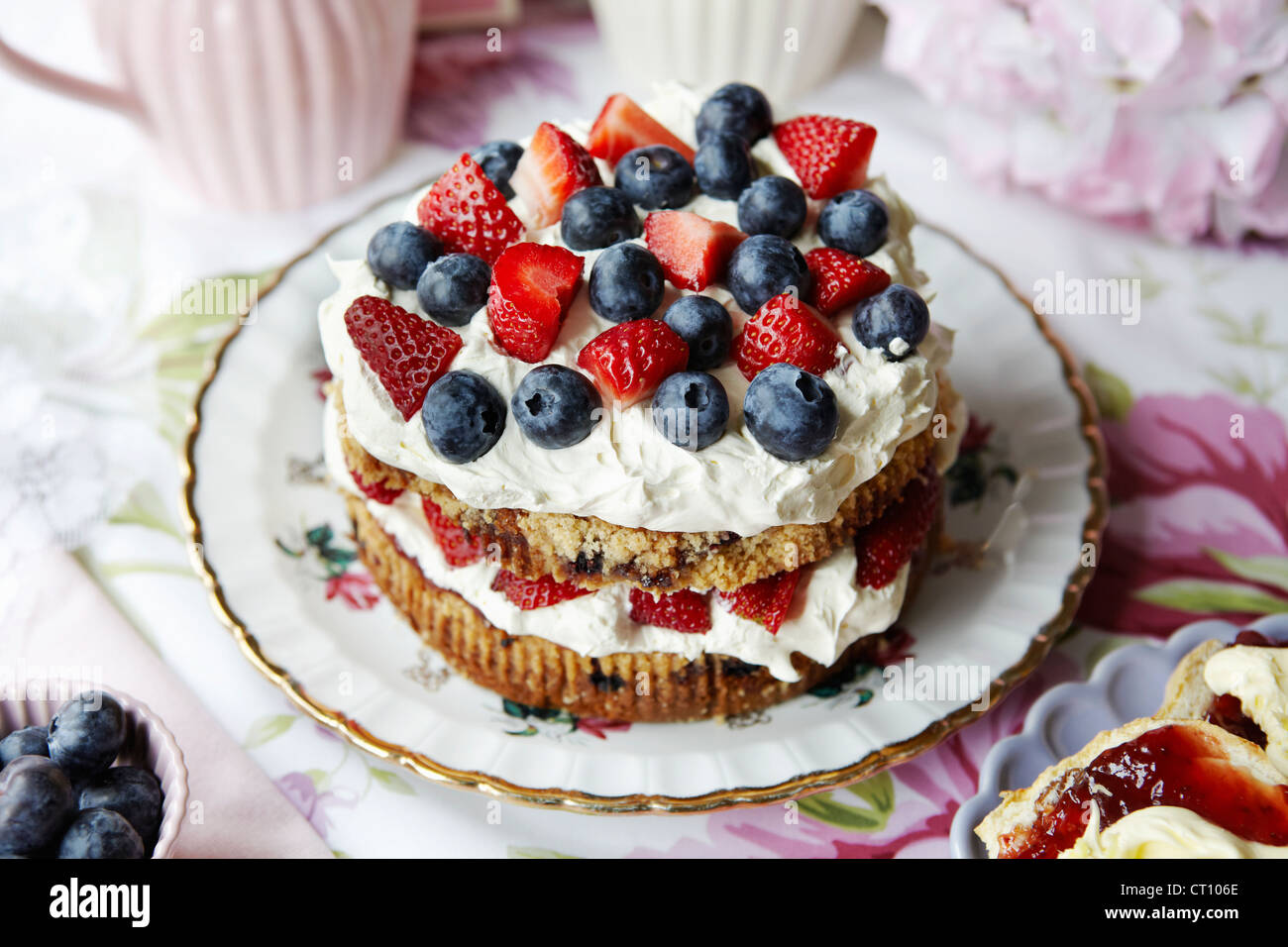 Un piatto di frutta e torta di crema Foto Stock