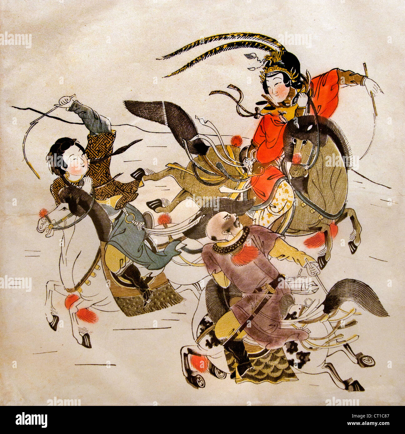 Tre Equestrians dinastia Qing (1644-1911) Woodblock stampa colore su carta cinese Cina Foto Stock