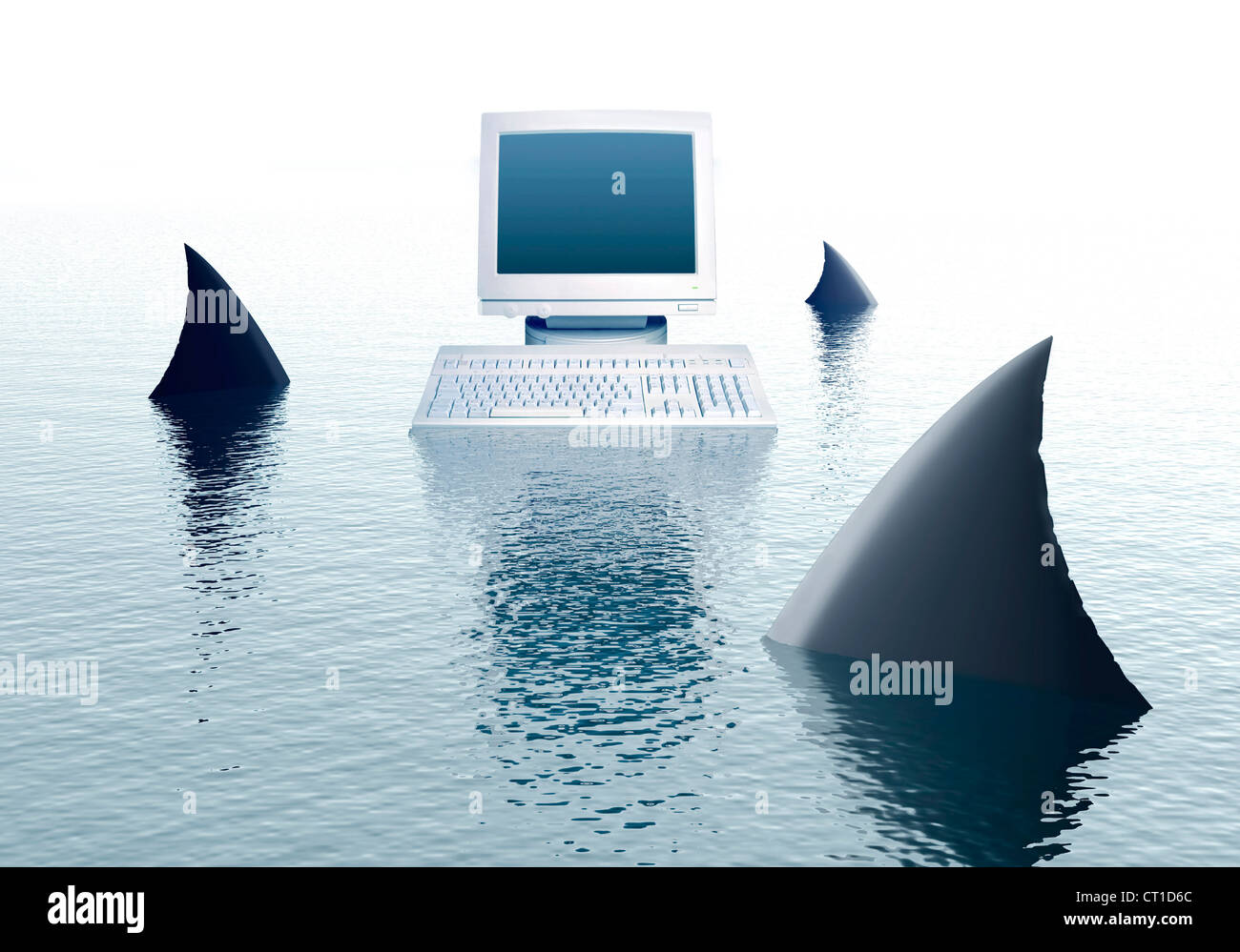 Le pinne di squalo orbitando attorno ad un computer in mare Foto Stock