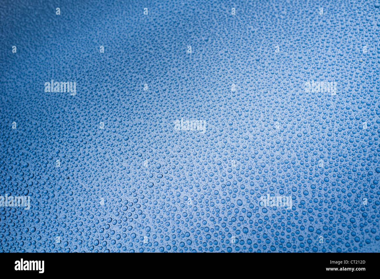 Gocce di pioggia su un blu superficie di metallo Foto Stock