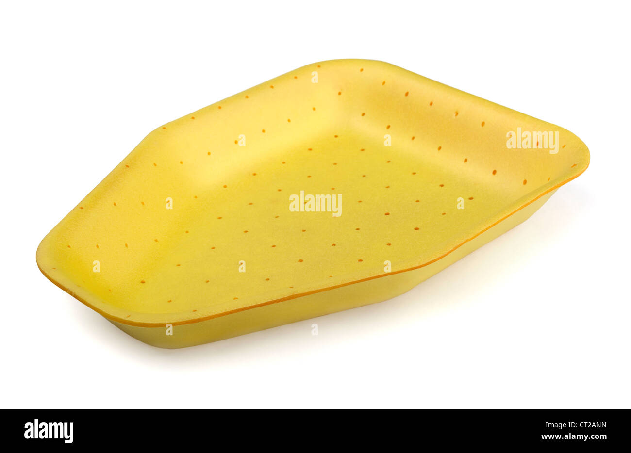 Vuoto polistirene giallo vassoio per alimenti isolato su bianco Foto Stock