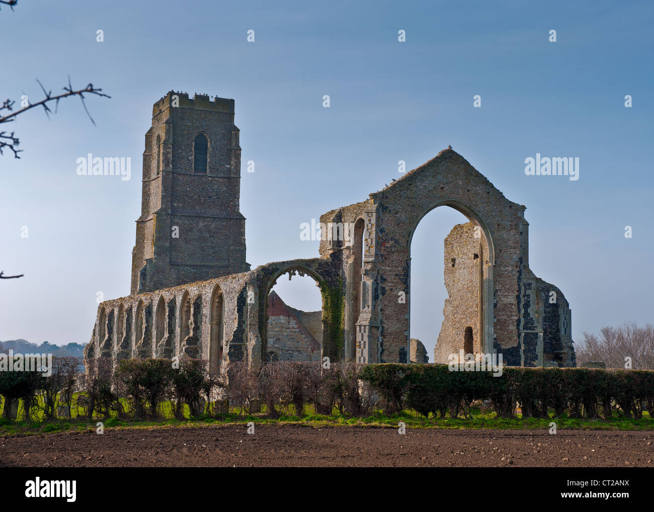 Chiesa rovina è dietro la siepe. Foto Stock