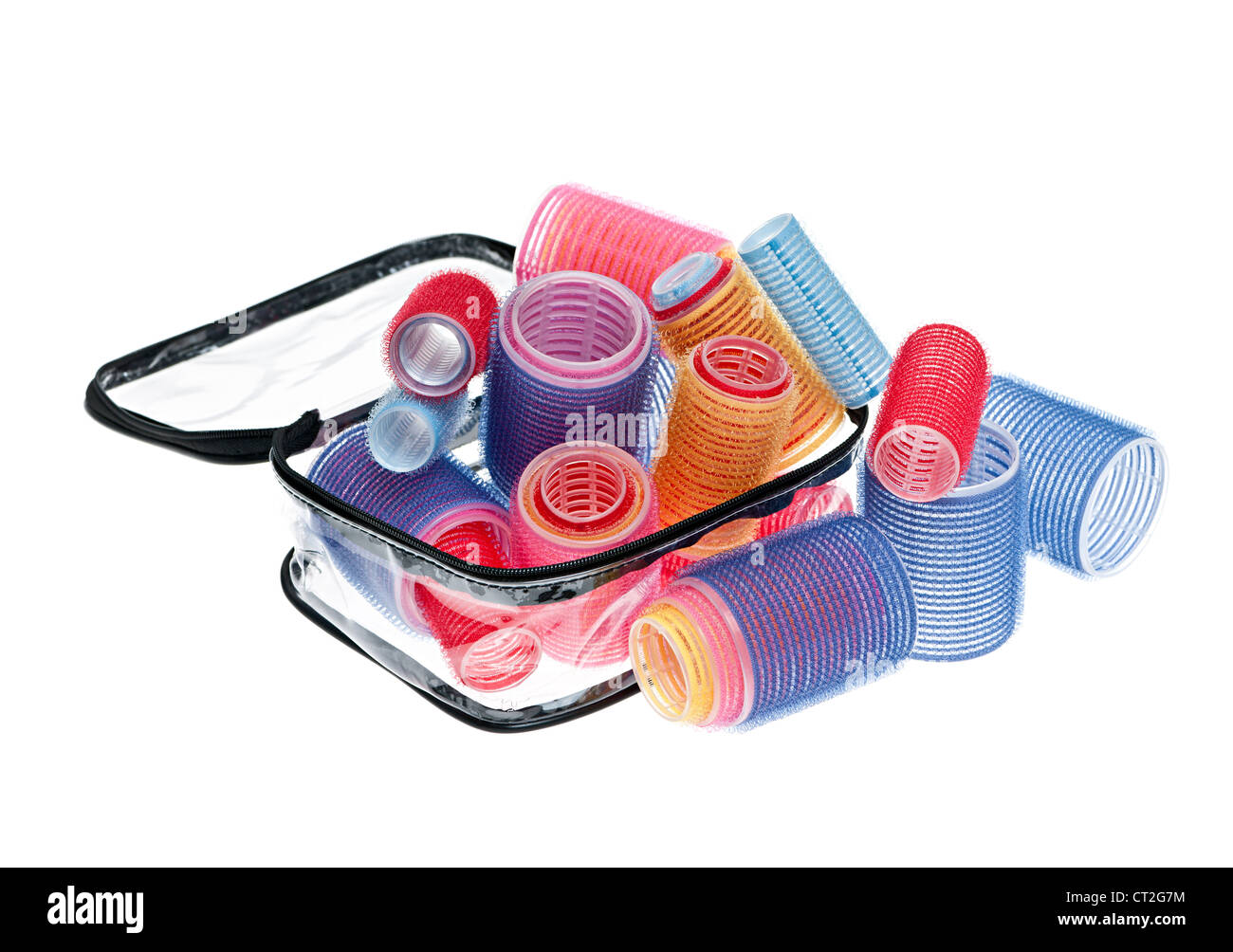 Caso di colorati i capelli rulli isolati su sfondo bianco Foto Stock