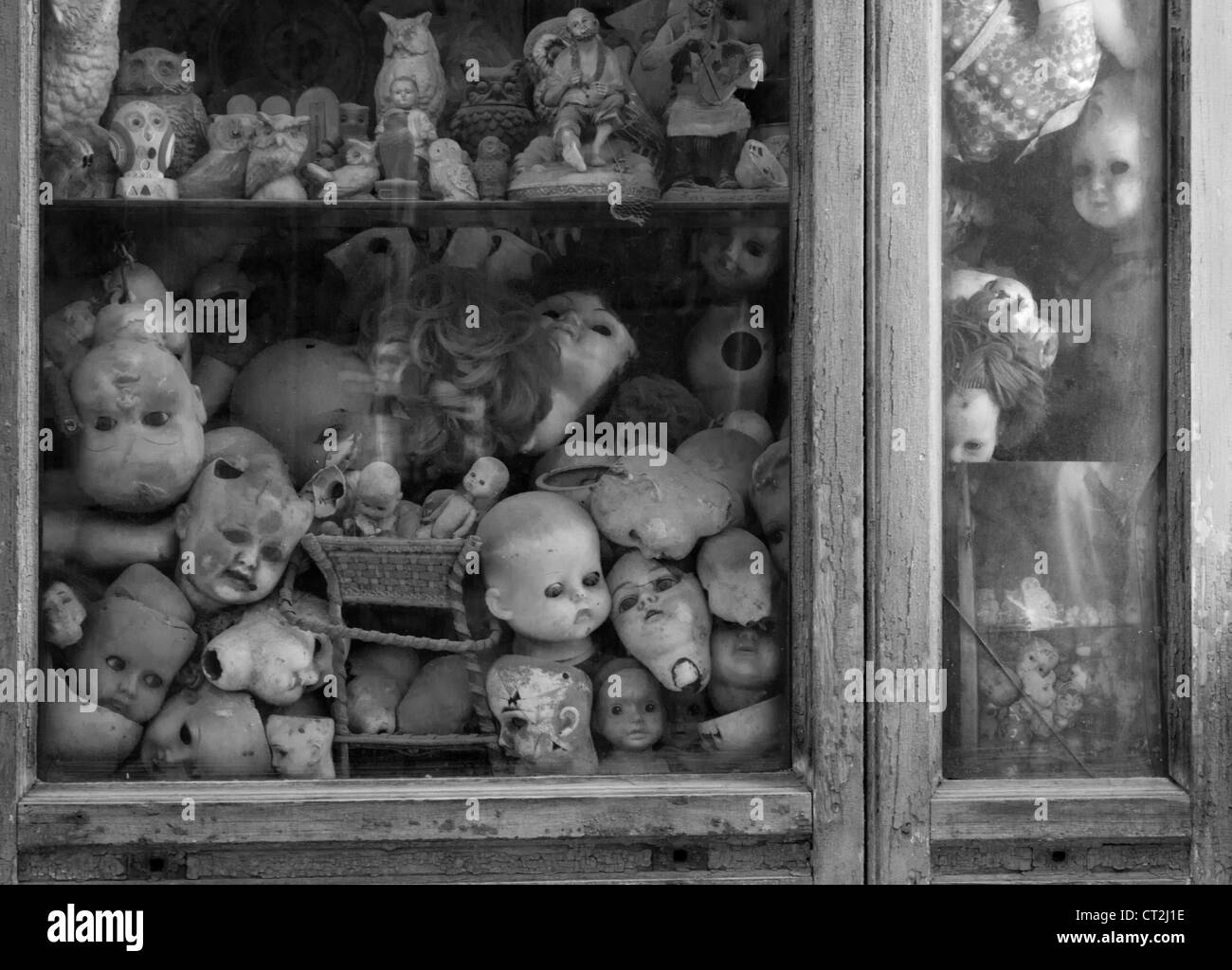 Rotture di bambole e gufi in una Roma vetrina Foto Stock