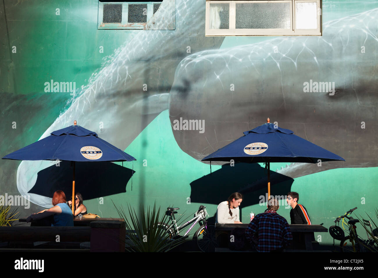 Whale-watching murale presso il ristorante a Kaikoura, Isola del Sud della Nuova Zelanda 4 Foto Stock