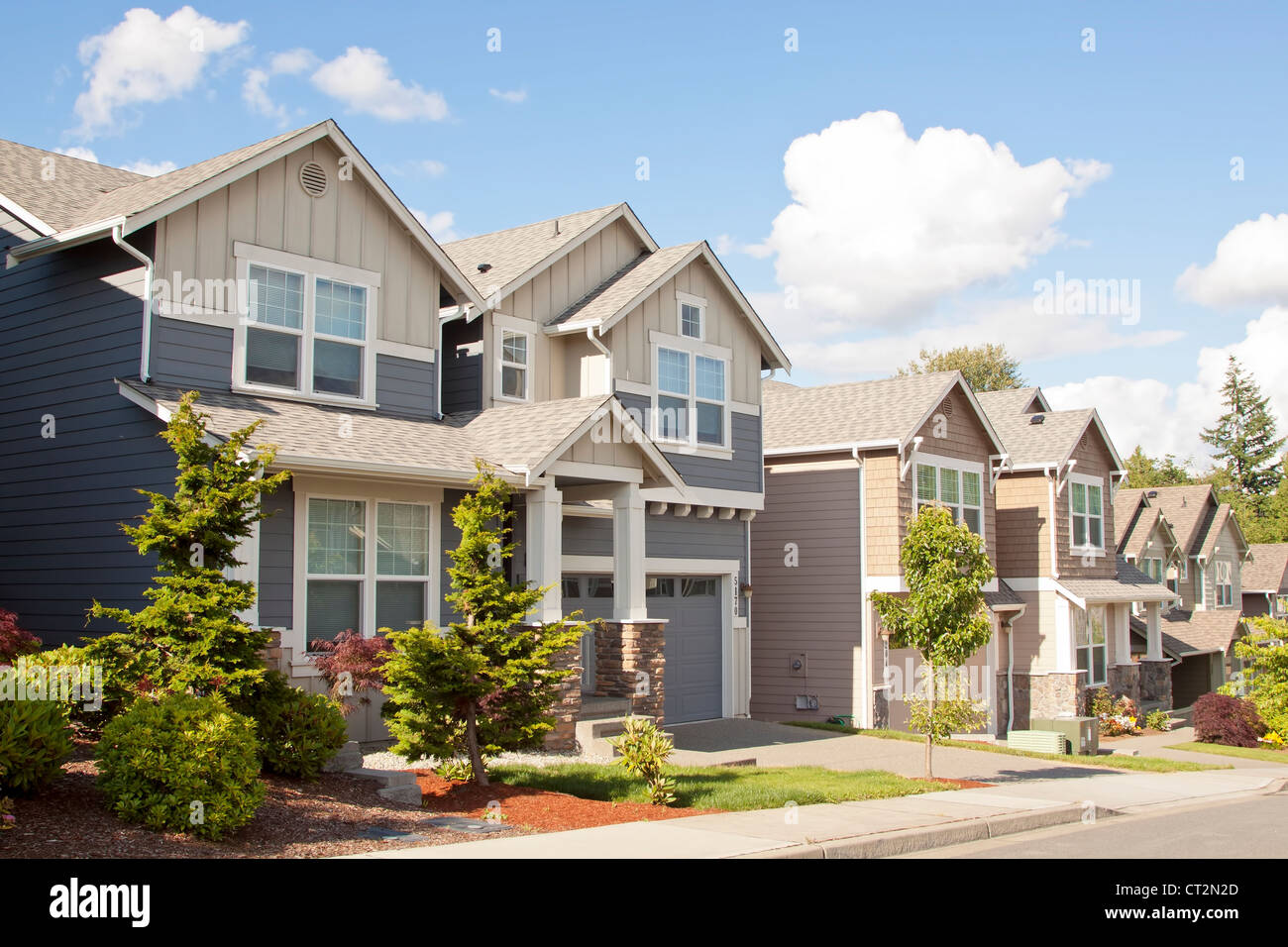 Nuovo bellissimo American case di lusso a giornata soleggiata con erba verde Foto Stock