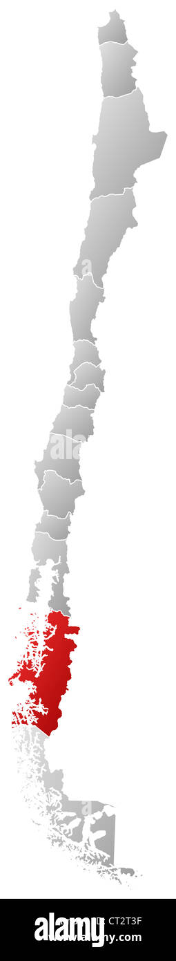 Mappa politica del Cile con le diverse regioni dove aisen è evidenziata. Foto Stock