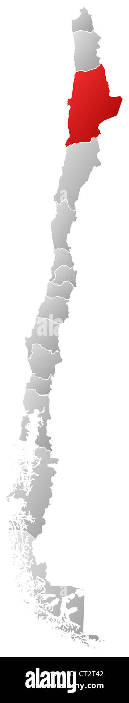 Mappa politica del Cile con le diverse regioni dove Antofagasta è evidenziata. Foto Stock