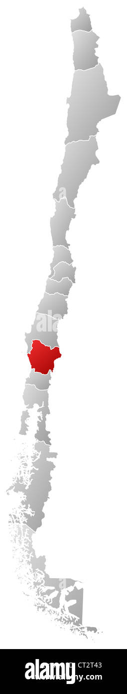 Mappa politica del Cile con le diverse regioni dove Araucanía è evidenziata. Foto Stock
