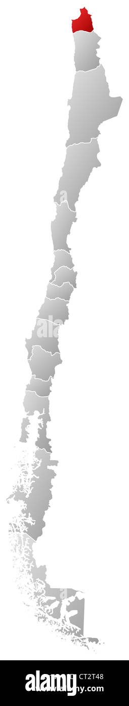 Mappa politica del Cile con le diverse regioni dove Arica e Parinacota Regione è evidenziata. Foto Stock