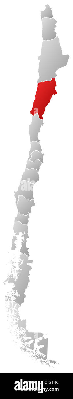 Mappa politica del Cile con le diverse regioni dove Atacama è evidenziata. Foto Stock