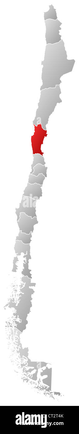Mappa politica del Cile con le diverse regioni dove Coquimbo è evidenziata. Foto Stock