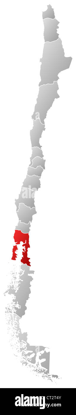 Mappa politica del Cile con le diverse regioni dove Los Lagos è evidenziata. Foto Stock