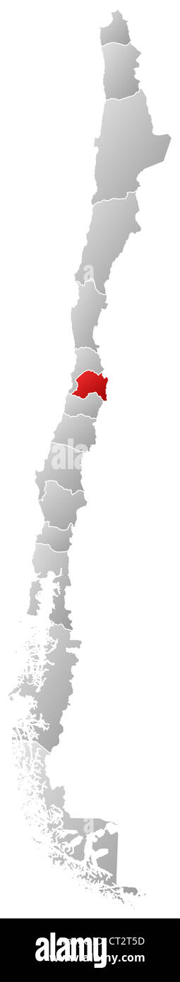 Mappa politica del Cile con le diverse regioni in cui la regione metropolitana è evidenziata. Foto Stock