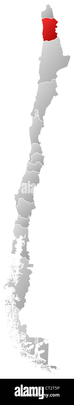 Mappa politica del Cile con le diverse regioni dove Tarapacá è evidenziata. Foto Stock