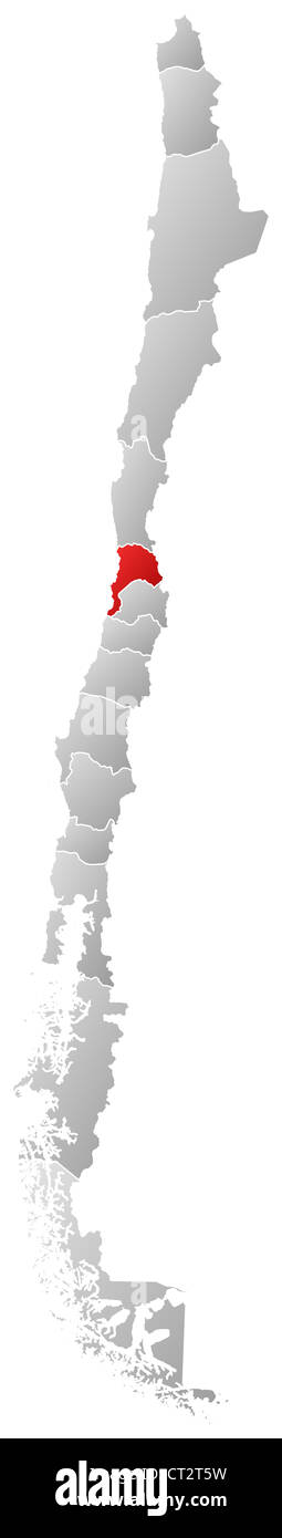 Mappa politica del Cile con le diverse regioni dove Valparaíso è evidenziata. Foto Stock