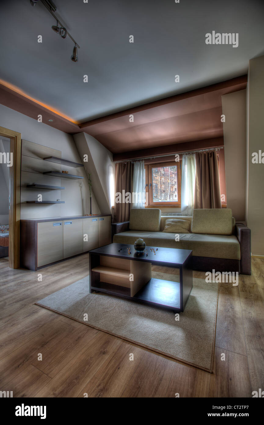 Architettura appartamento bellissimo tappeto nero Sedia comfort confortevole lettino contemporaneo decor della decorazione design elegante Foto Stock
