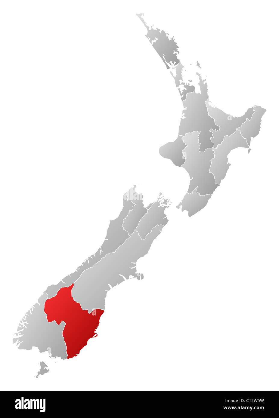 Mappa Politico della Nuova Zelanda con le varie regioni di Otago dove viene evidenziato. Foto Stock