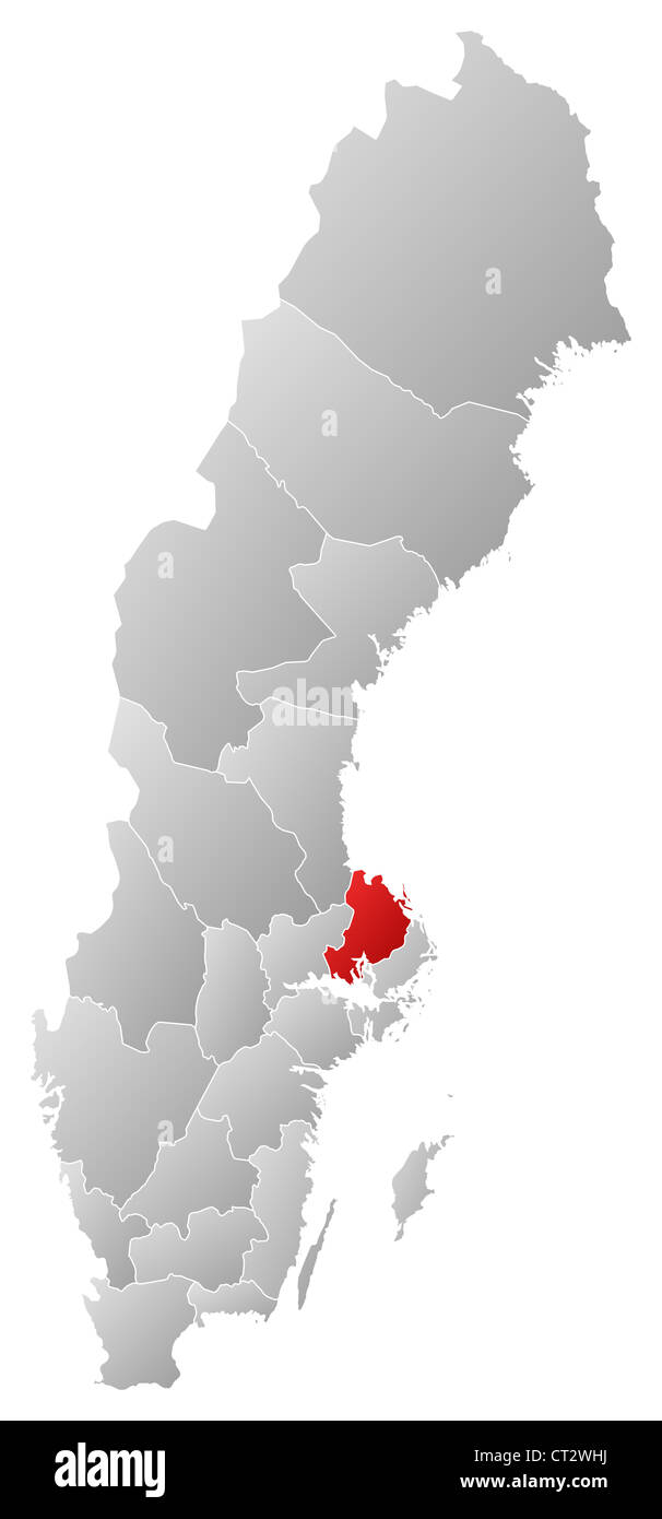 Mappa politica della Svezia con le diverse province dove la Contea di Uppsala è evidenziata. Foto Stock