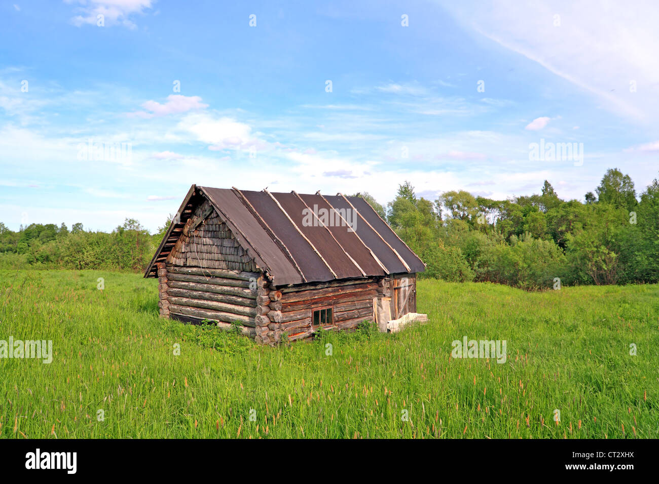 Antica casa rurale sul campo verde Foto Stock