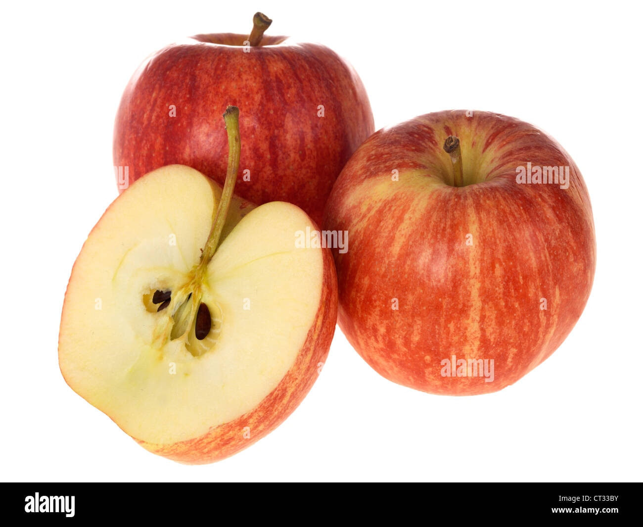 Fresco e salutare mature succosa rosso dolce di mele Gala frutto isolato contro uno sfondo bianco con nessun popolo pronto a mangiare Foto Stock