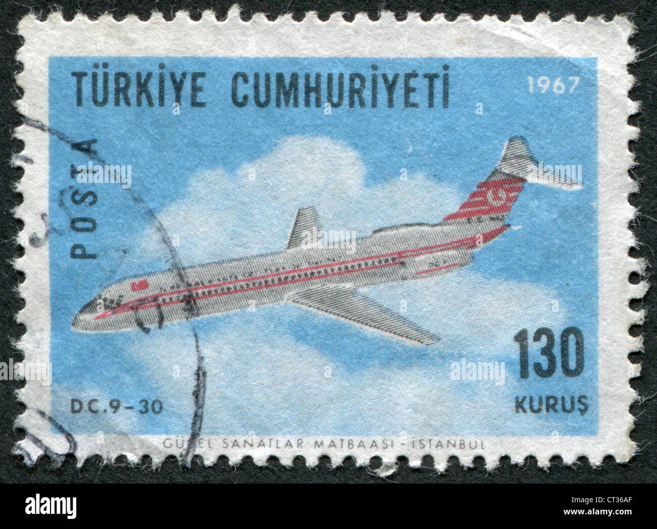 Turchia - circa 1967: francobolli stampati in Turchia, mostra un getto McDonnell Douglas DC-9-30, circa 1967 Foto Stock