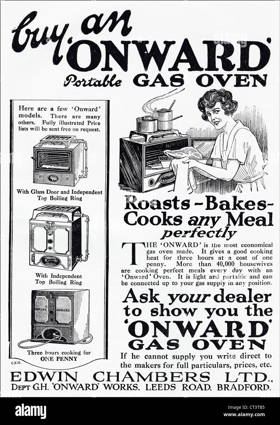 Originale di 1920s vintage stampa pubblicitaria dal consumatore inglese pubblicità su riviste ONWARD portable forno a gas Foto Stock