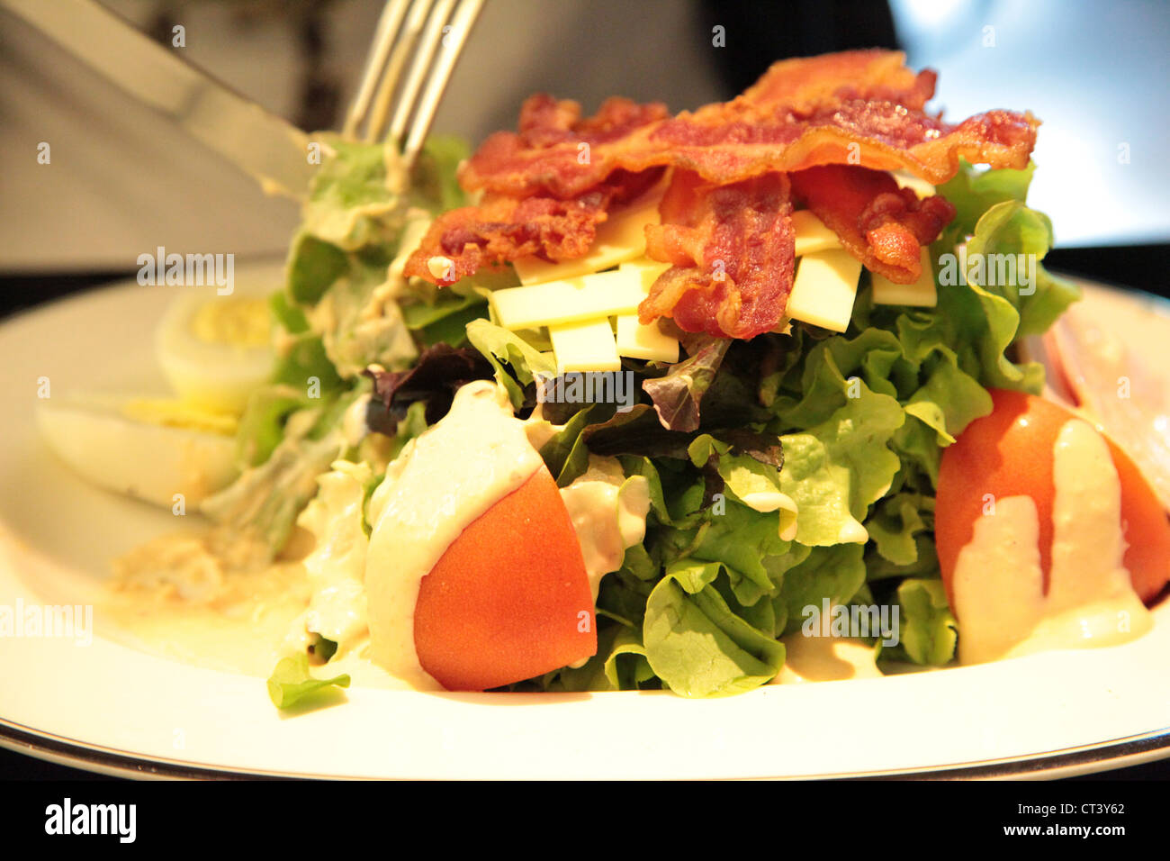 Si tratta di una foto di un sano piatto di insalata in una piastra con pancetta, pomodoro e formaggio. Sembra ottima con la salsa e uova Foto Stock