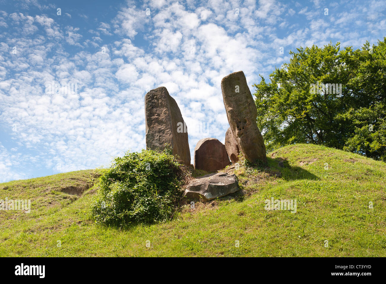 Coldrum Longbarrow megalitiche del Neolitico Long Barrow e il cerchio di pietra sulla luminosa giornata di sole Foto Stock