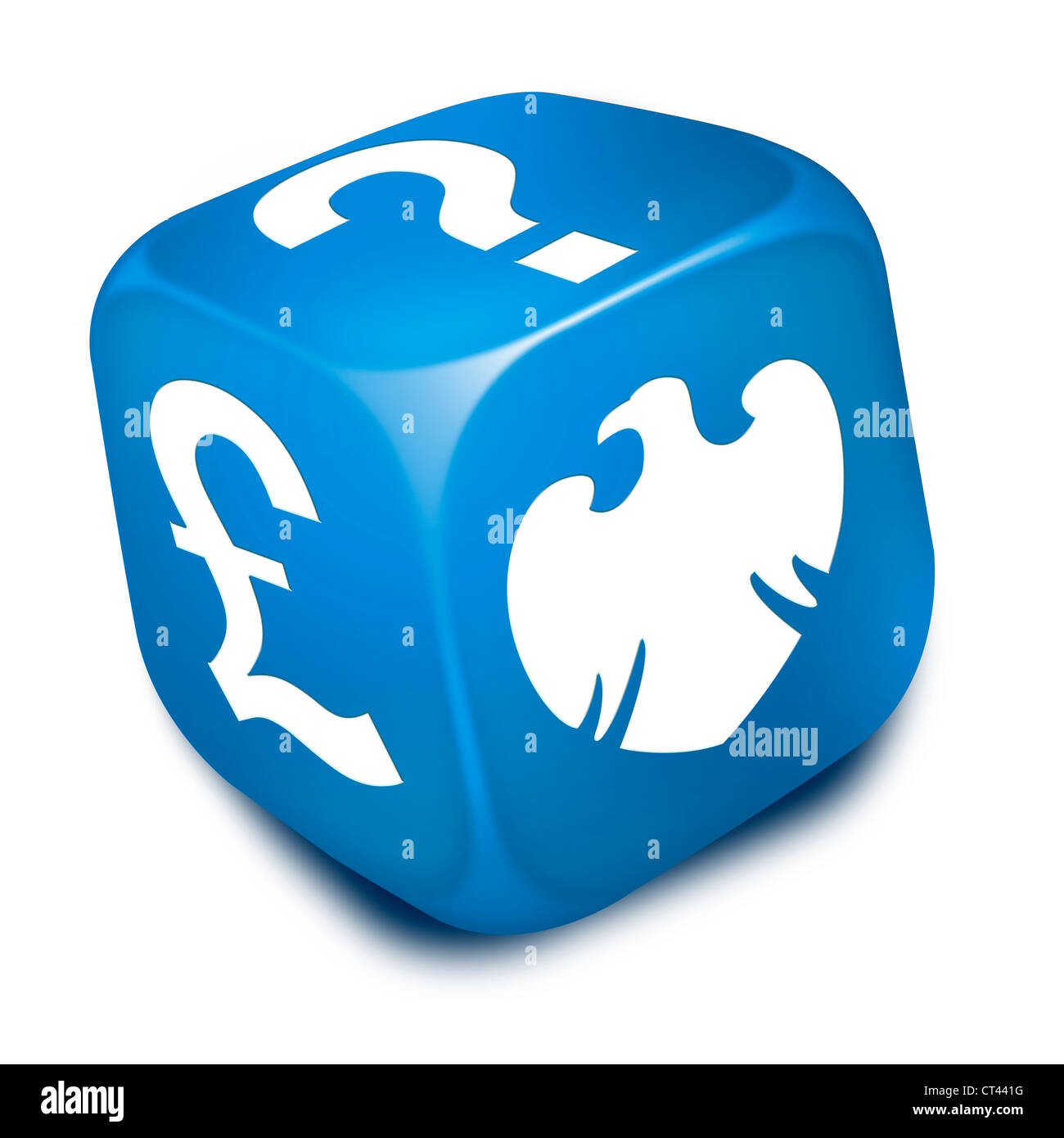 Dadi blu con Barclays Bank aquila simbolo, British pound simbolo e un interrogativo si affaccia Foto Stock