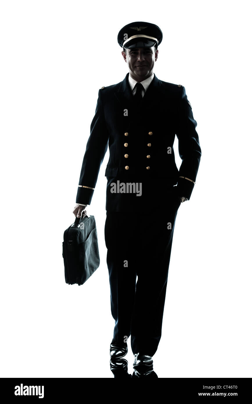 Un uomo caucasico di pilota di linea uniforme in studio isolato su sfondo bianco Foto Stock