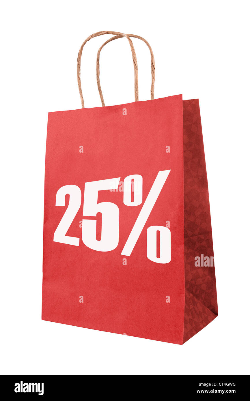 Rosso sacchetto di carta con il simbolo sulla vendita. Foto Stock