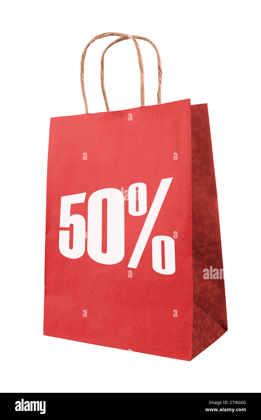 Rosso sacchetto di carta con il simbolo sulla vendita. Foto Stock