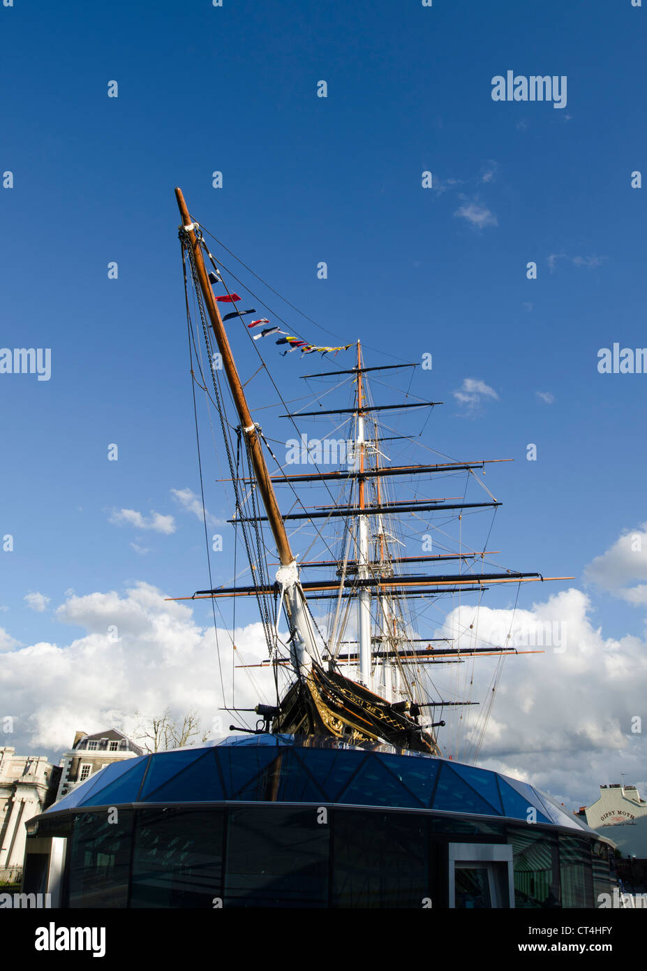 Il Cutty Sark, old tea clipper veliero, Greenwich, London, England, Regno Unito restaurato dopo un incendio. Dopo il restauro. Foto Stock
