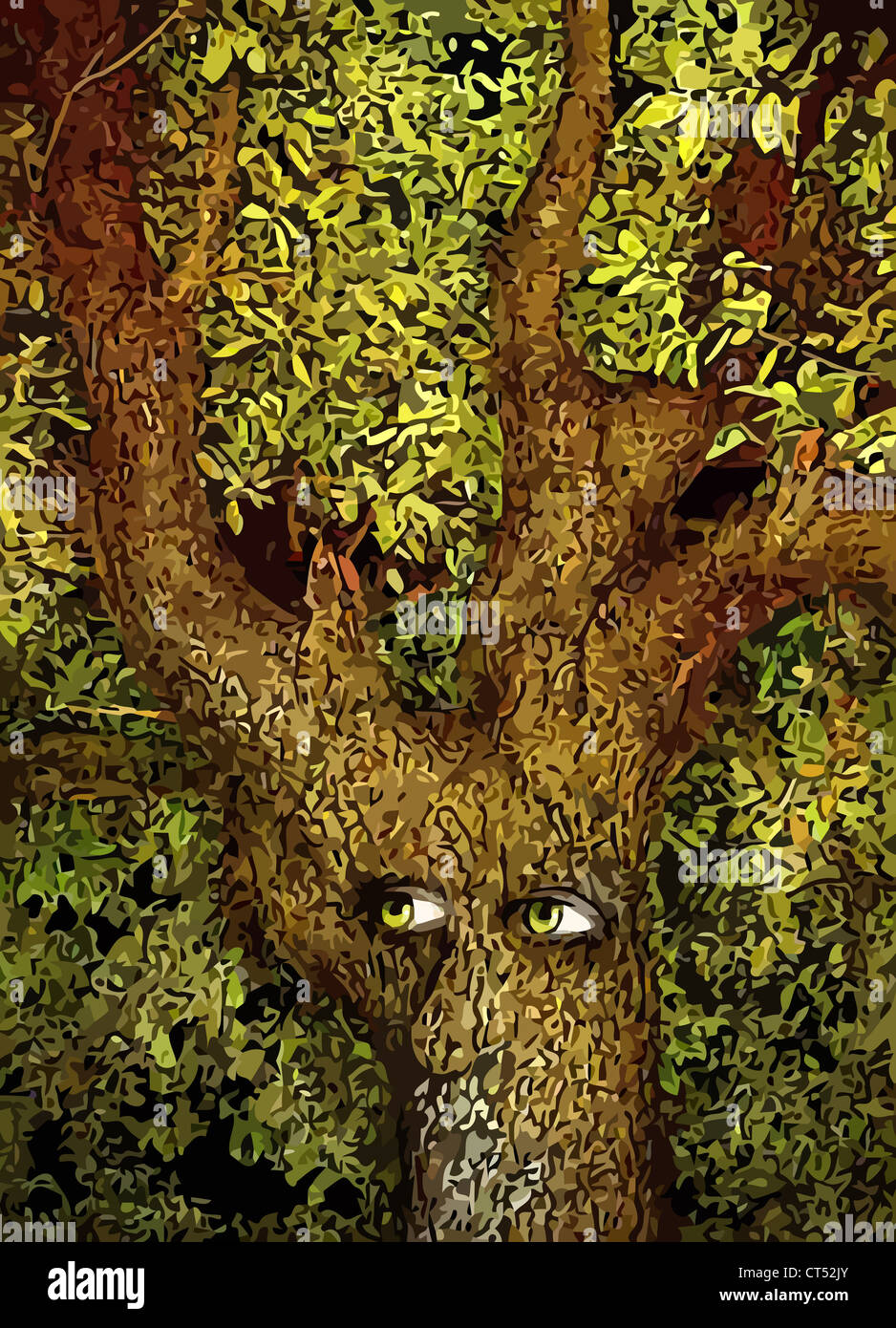 Illustrazione (semi) vettore di un albero antropomorfo. Questo è parte di una serie chiamata 'Marco del Huorns'. Foto Stock