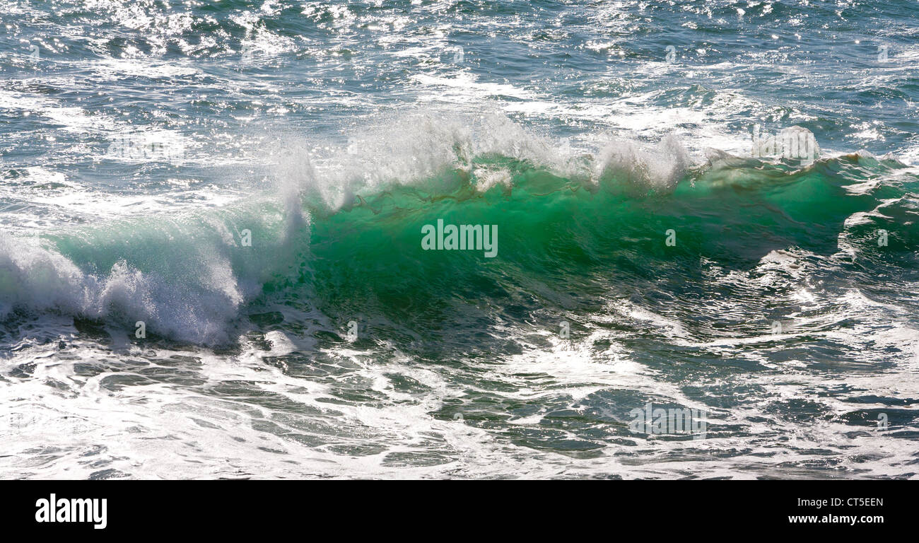 Rompere le onde del mare, retroilluminato con un colore Acquamarina Foto Stock