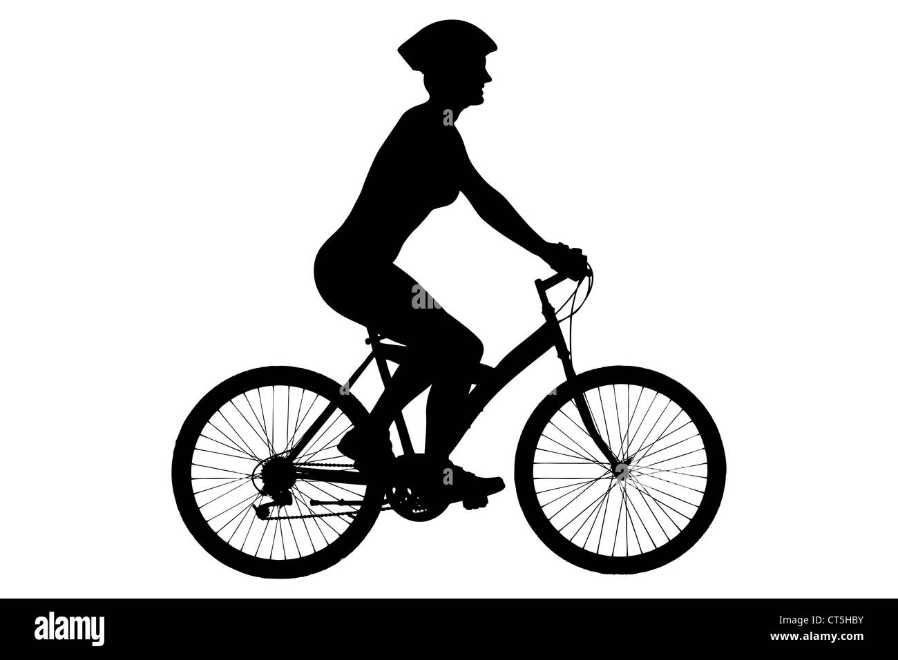 Una silhouette di una femmina di biker con casco seduto su una bicicletta isolata contro uno sfondo bianco Foto Stock