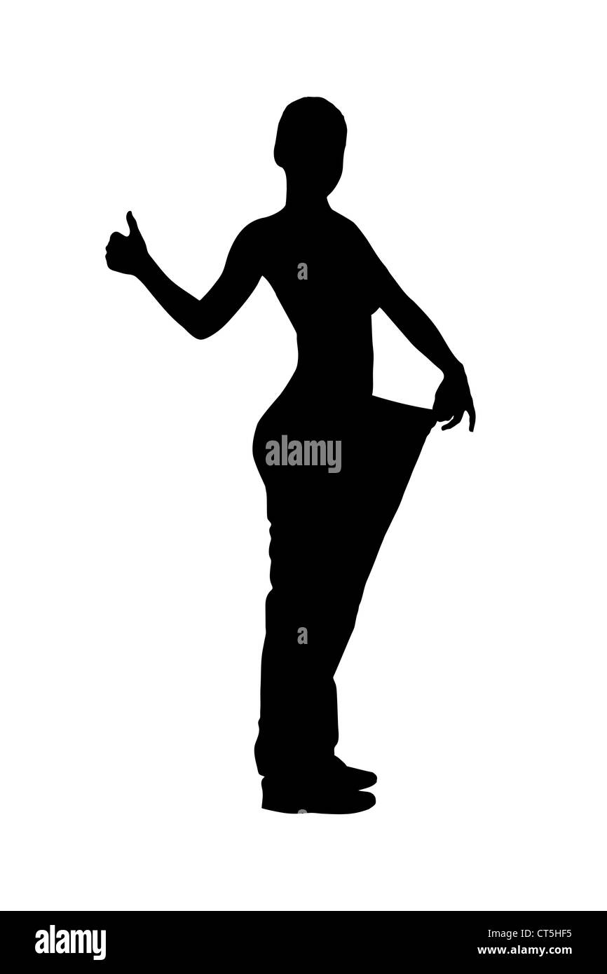 La silhouette di una piena lunghezza Ritratto di una donna weightloss dando un pollice in alto isolato su sfondo bianco Foto Stock