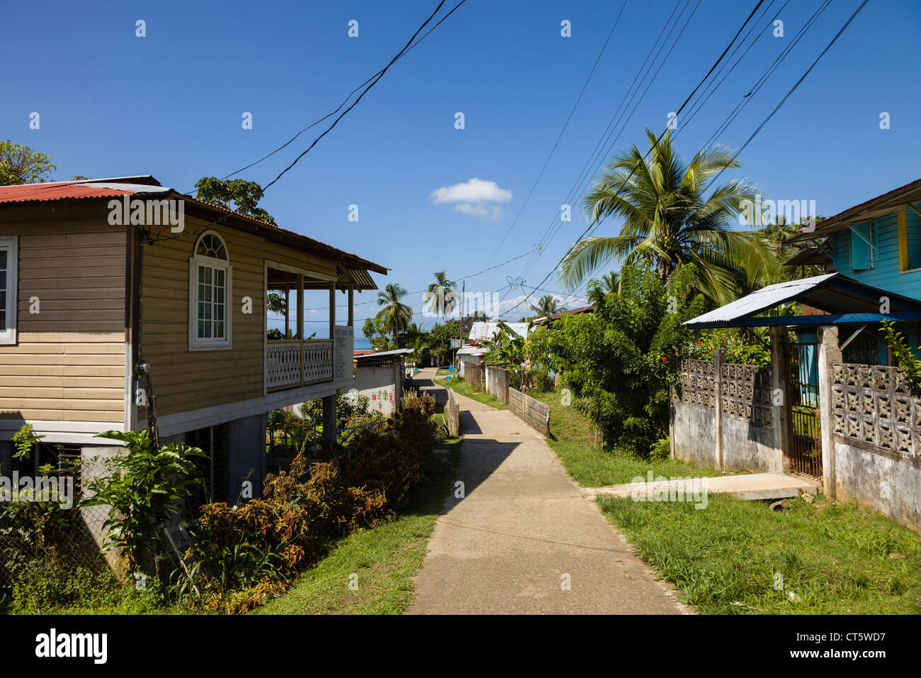 Elevata case in legno e il sentiero nella città di afro-caraibica del vecchio banco su Isla Bastimentos, Bocas del Toro, Panama. Foto Stock