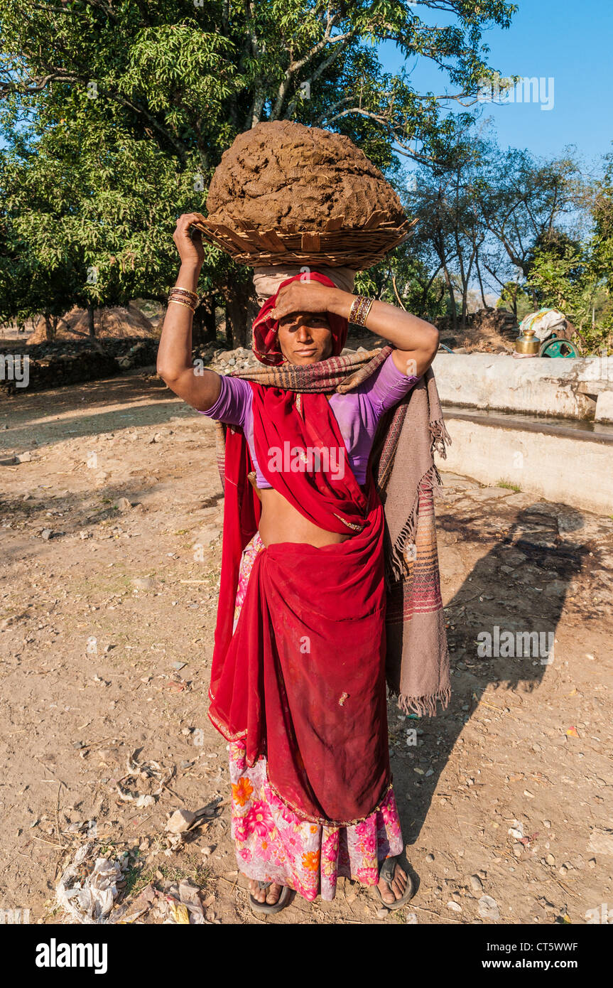Una donna indiana in un sari rosso con argilla per mattone-making sulla testa, Rajasthan, India Foto Stock