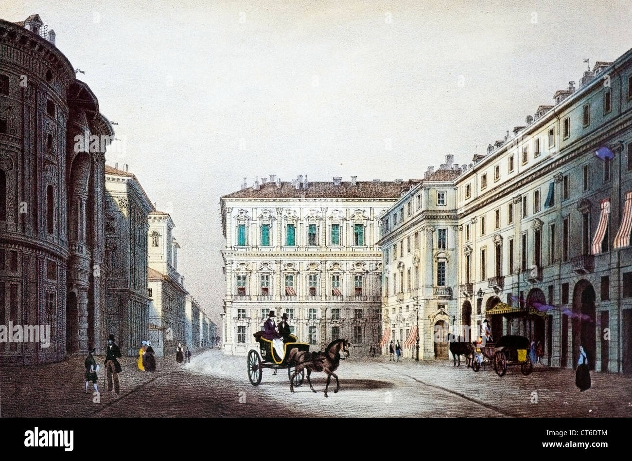 Torino vista di Piazza Carignano Litografia a colori di Enrico Gonin e progettato da Nicolas Chapuy. Torino Bracciarini 1852 Foto Stock