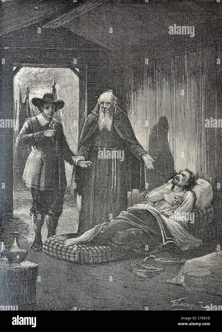 I Promessi Sposi Renzo anteriore del suo nemico Don Rodrigo presso il Lazzaretto in una illustrazione del XIX secolo Foto Stock