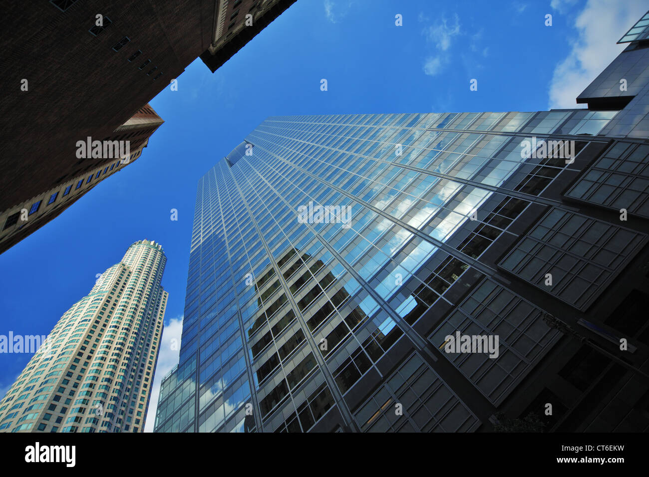 Ampio angolo di prospettiva di edifici per uffici nel centro di Los Angeles, California. Foto Stock