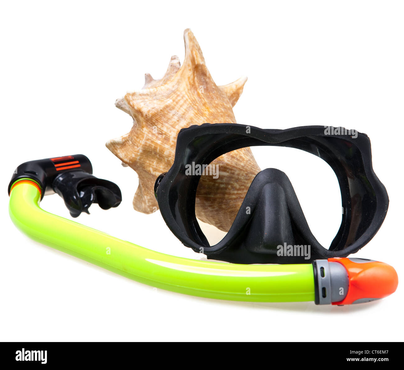 Tubo per immersioni subacquee (snorkel), grande conchiglia di mare e maschera Foto Stock